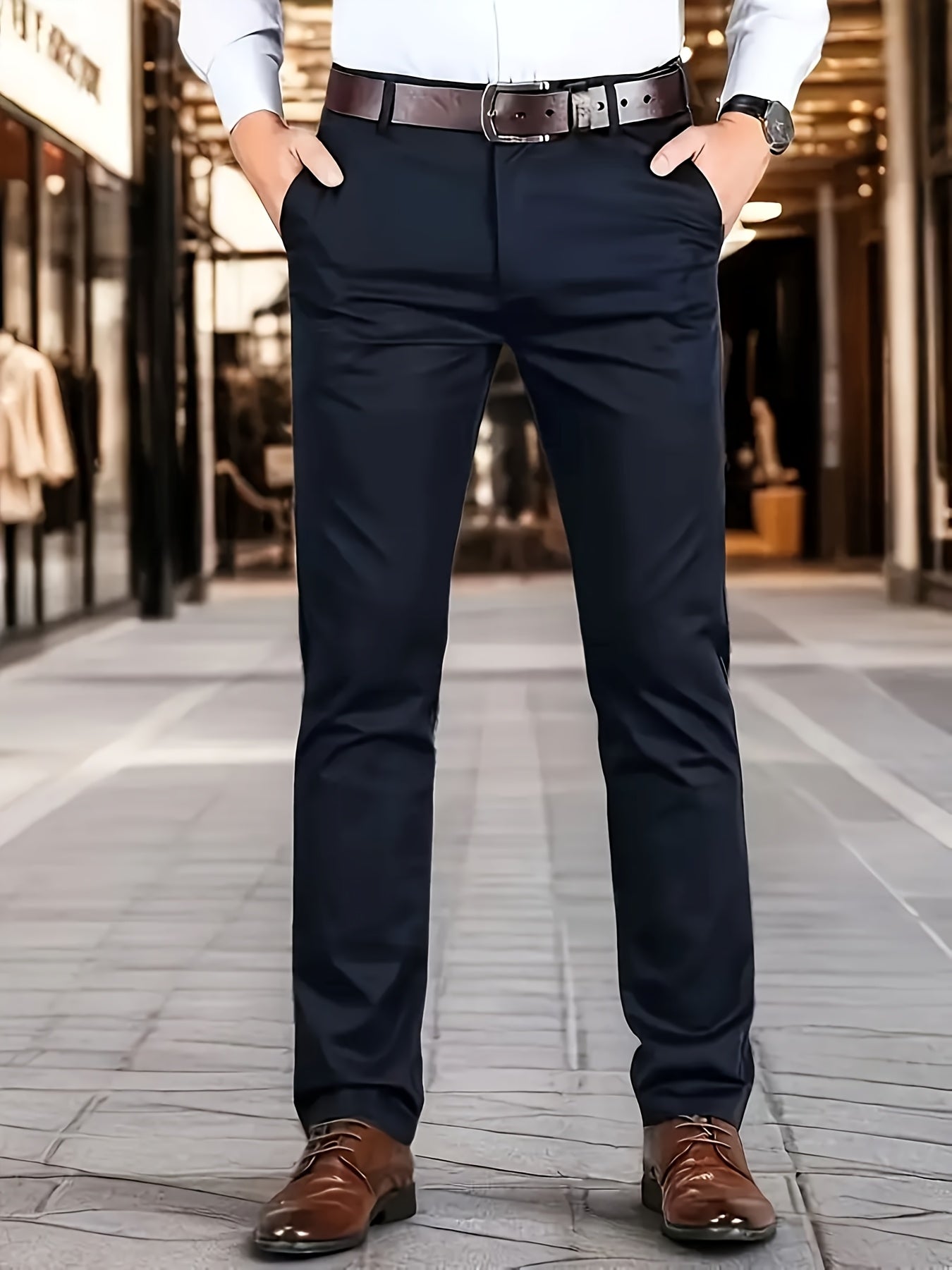 Men's Classic Business Dress Pants, Solid Color Casual Trousers, 100% Polyester, Regular Fit, with Zipper Fly, for Daily Wear and Gifting, All-Season, Allseason Trousers | Notch Lapel Design | Polyester Trousers