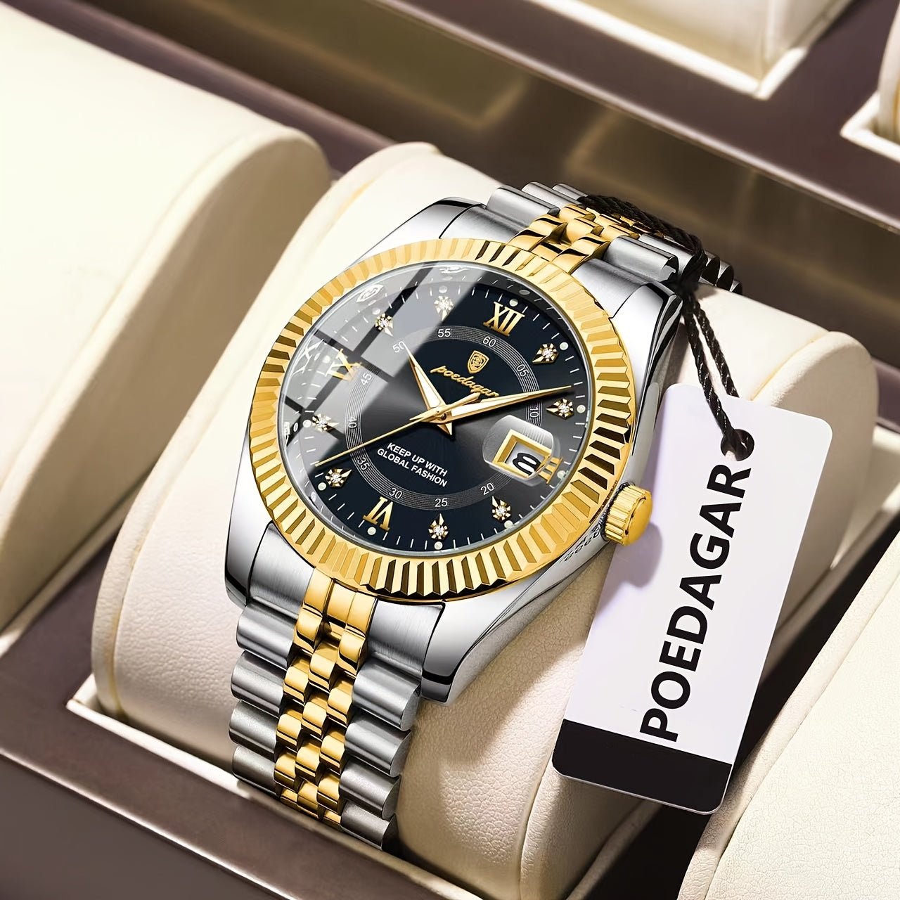 POEDAGAR Luxury Men'S Quartz Watch - Waterproof, Luminous, Stainless Steel Band, Blue & Golden Accents, Date & Week Display, Casual Elegant Timepiece with Backpack Clasp
