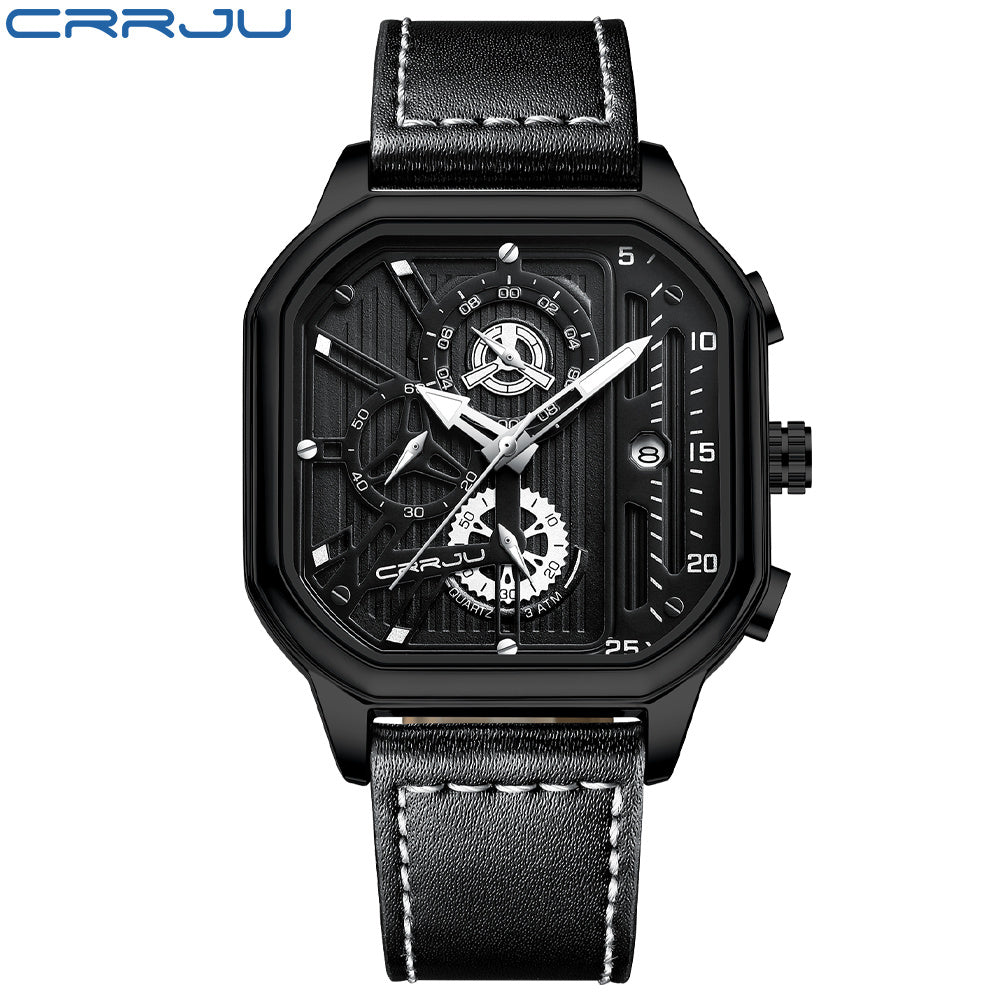 CRRJU Men's Sporty Chronograph Watch with Rose Golden Accents, Quartz Movement, IPX8 High Quality, Black Dial & Brown Faux Leather Strap - Durable Casual & Formal Timepiece