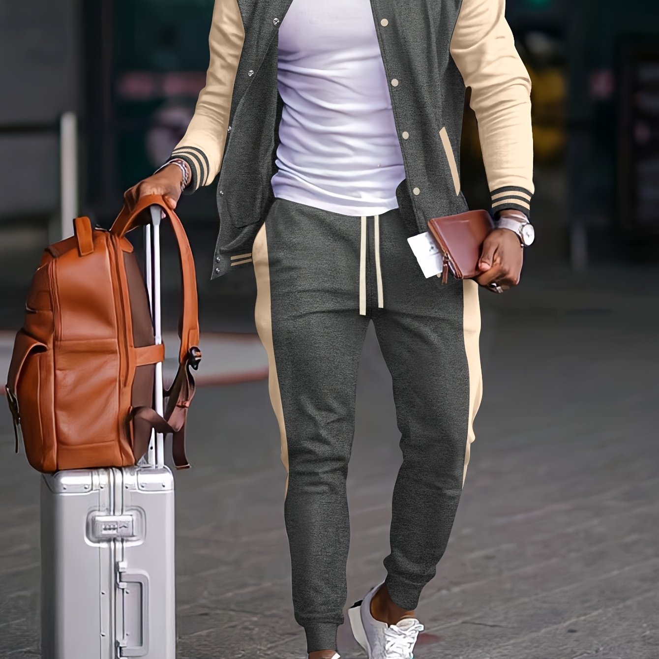 Men'S Casual Baseball Collar Jacket and Pants Set, Color Block Long Sleeve Sweatshirt and Sweatpants, Polyester Woven Suit with Button Detail, Spring/Fall Collection