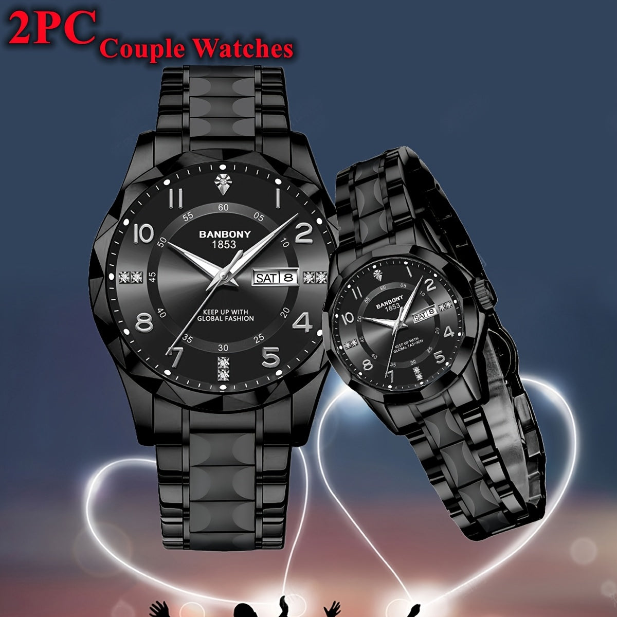 2pcs BNDBONY Brand Men And Women Couples Quartz Watch Stainless Steel Strap Scratch-Resistant Wear Luminous Pointer Digital Simple Hd Disc IPX7 Waterproof Fashion Multifunctional Couples Watch Holiday Couples Lover Birthday G