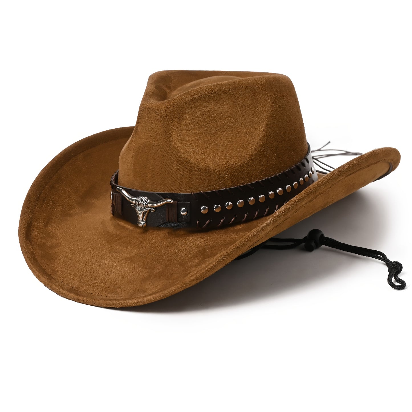 Western Cowboy Hats for Men And Women, Classic Faux Suede with Metal Studs And Bull Pattern, Lightweight Unisex Festival Occasion Hat, Woven Inelastic Polyester with Decorative Accessories, No Feather, Non-Washable
