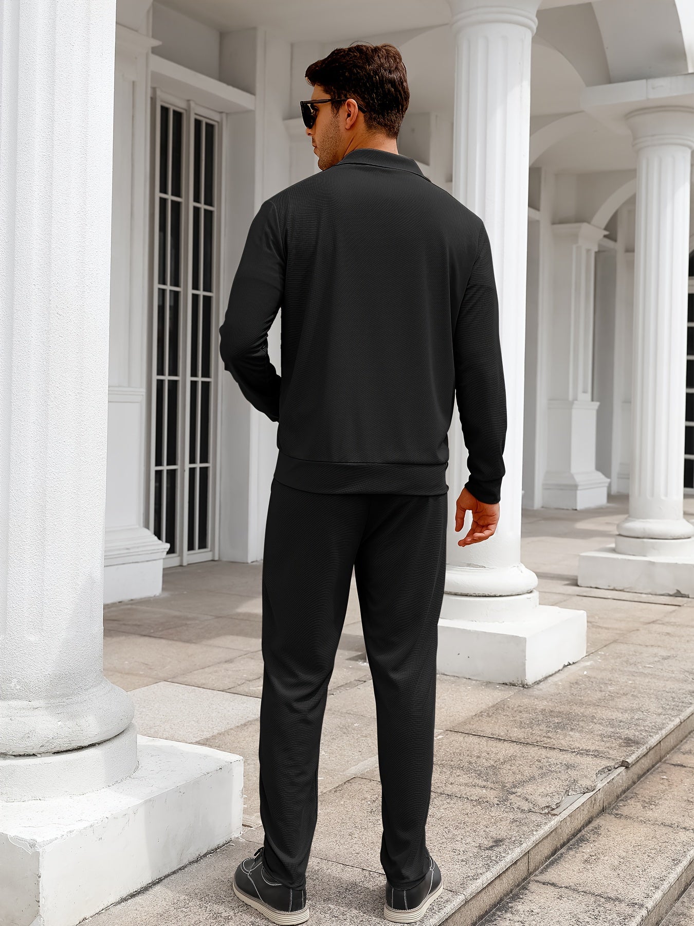 Men's Solid Waffle 2pcs Athletic Outfits, Zip-up Jacket & Pants co ord set for Outdoor Sports