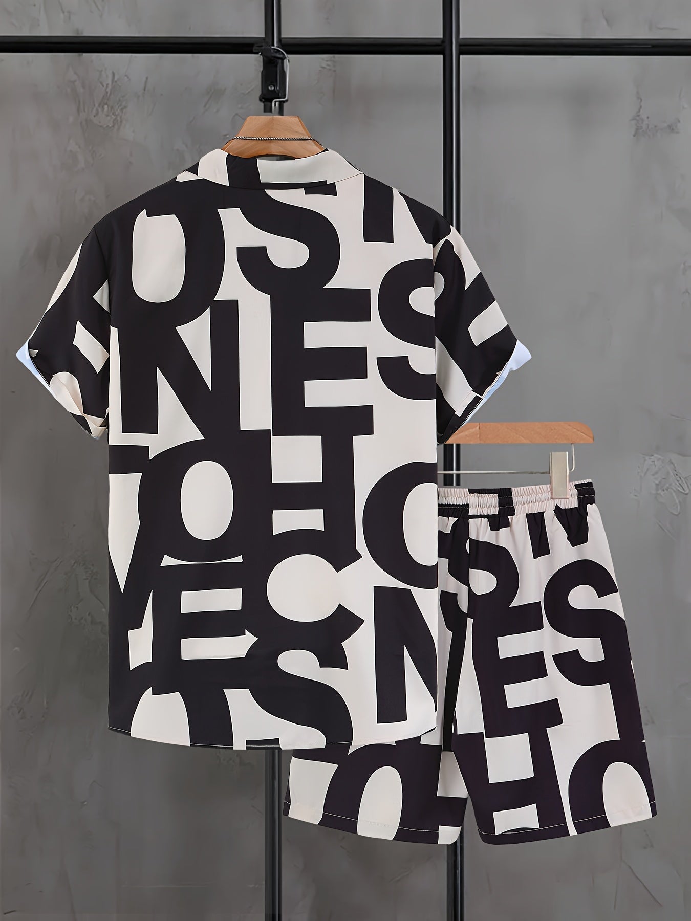 Men's Suit with Black and White Letter Print, Short Sleeve, Open Collar Shirt and Shorts, Casual Set
