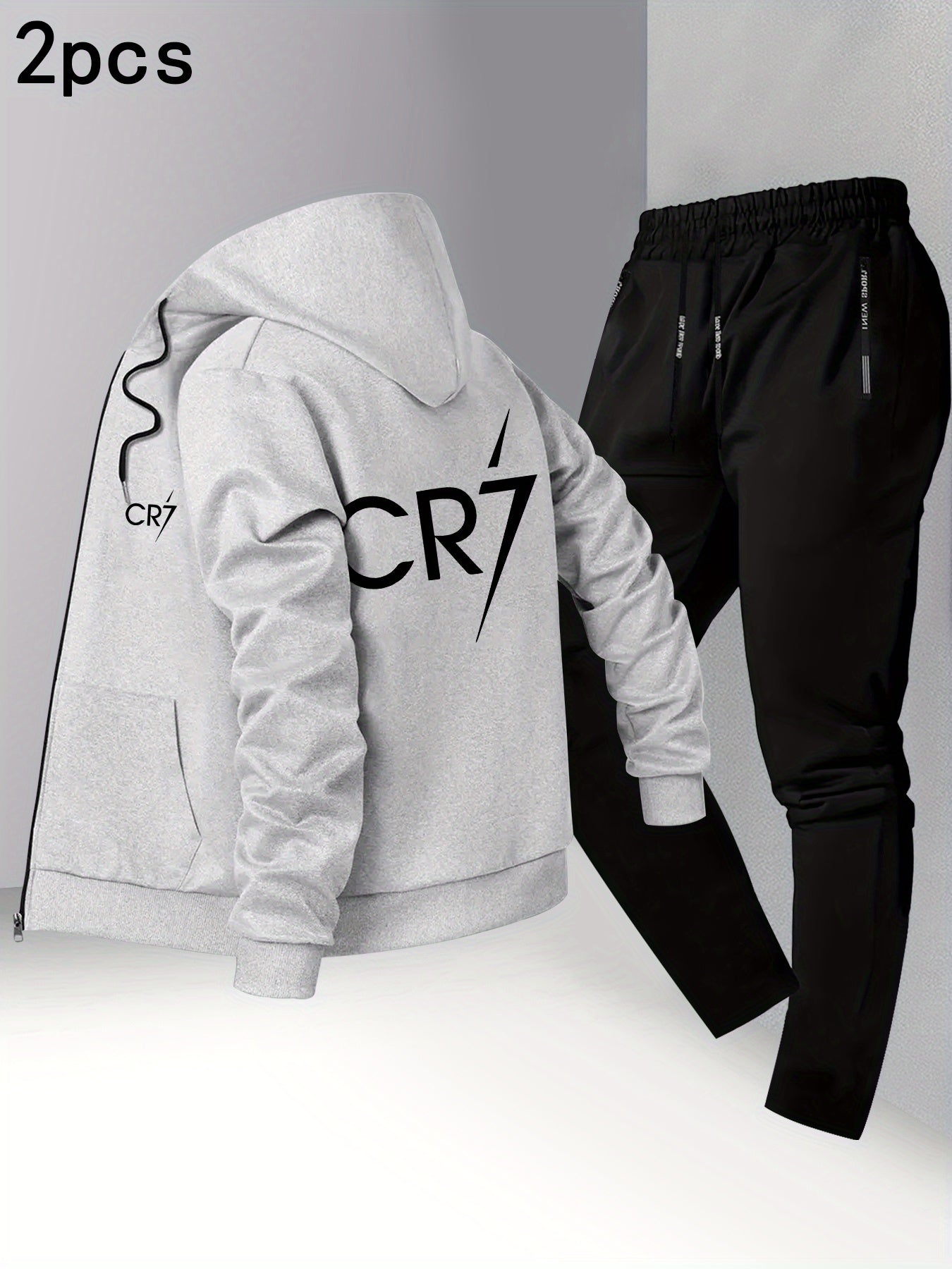 Men'S Trendy CR7 Print Hooded Jacket and Pants Set, Casual Business Suit, Youth Casual Sports Baseball Uniform with Stand Collar