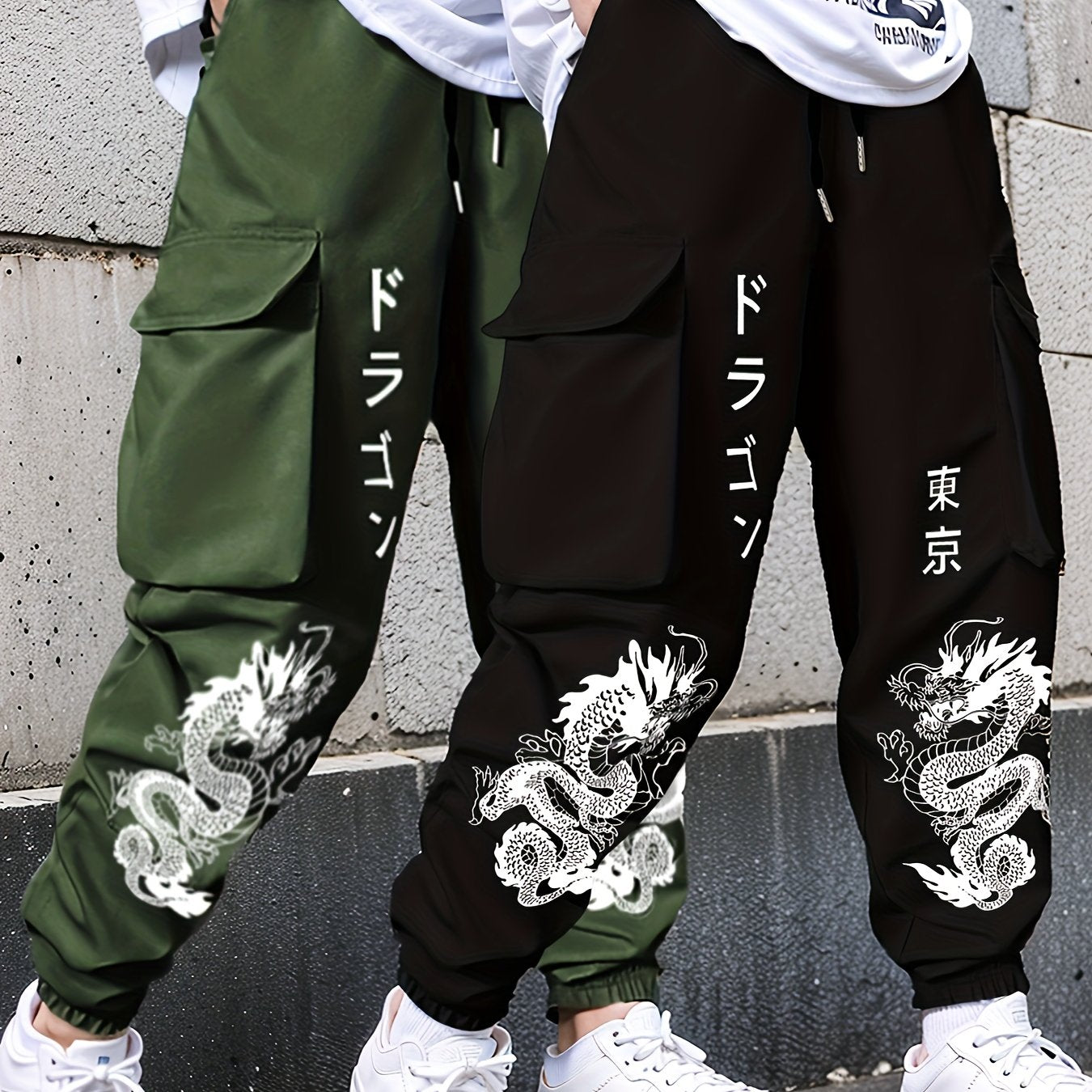 2pcs set Men's casual large pocket overalls elastic waist drawstring printed flower pants for spring and autumn season, for Autumn, Spring