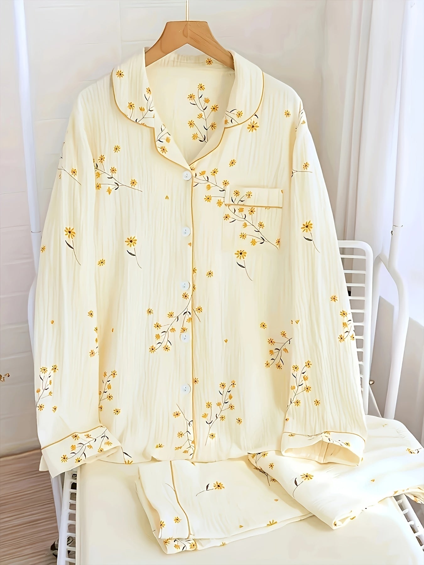 Sweet Floral Print Textured Pajama Set For Fall & Winter, Long Sleeve Button Up Lapel Collar Top & Elastic Pants, Women's Sleepwear & Loungewear