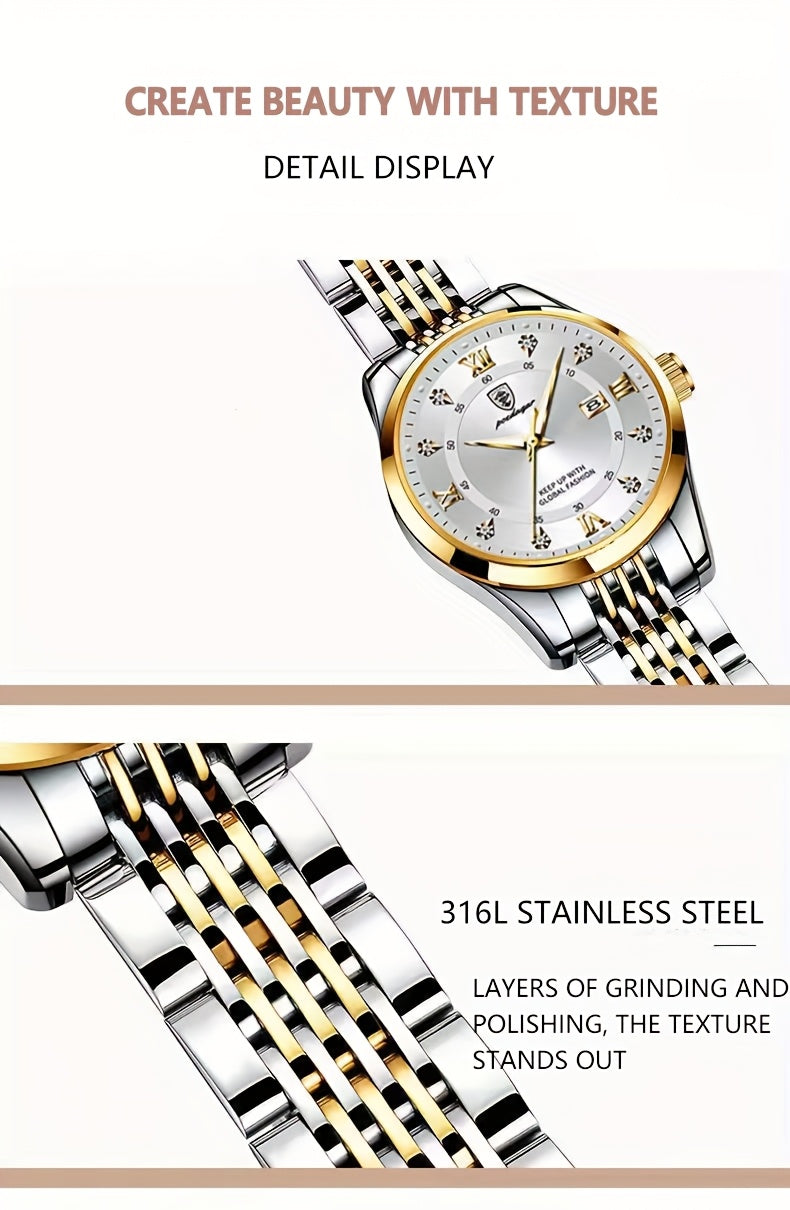 POEDAGAR Elegant Luxury Quartz Watch for Women - Waterproof, Luminous Calendar, Ultra-Thin Movement, Stainless Steel Band, Round Alloy Case, Ideal for Parties and Holidays