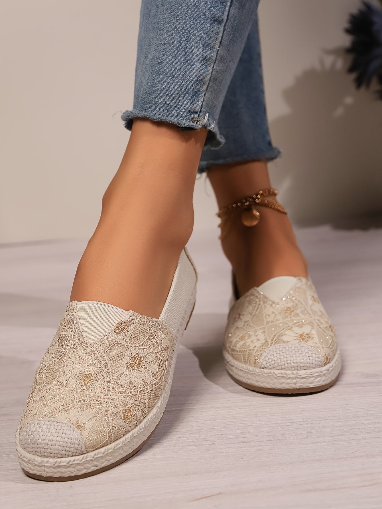 Women's Breathable Slip-On Loafers - Soft Sole Casual Walking Shoes, Lightweight & Comfortable, Beige Floral Pattern Fabric Upper, PU Cover Sole, Perfect for Casual Attire, Allseason Loafers | Slipon Comfort | Soft Sole Shoes
