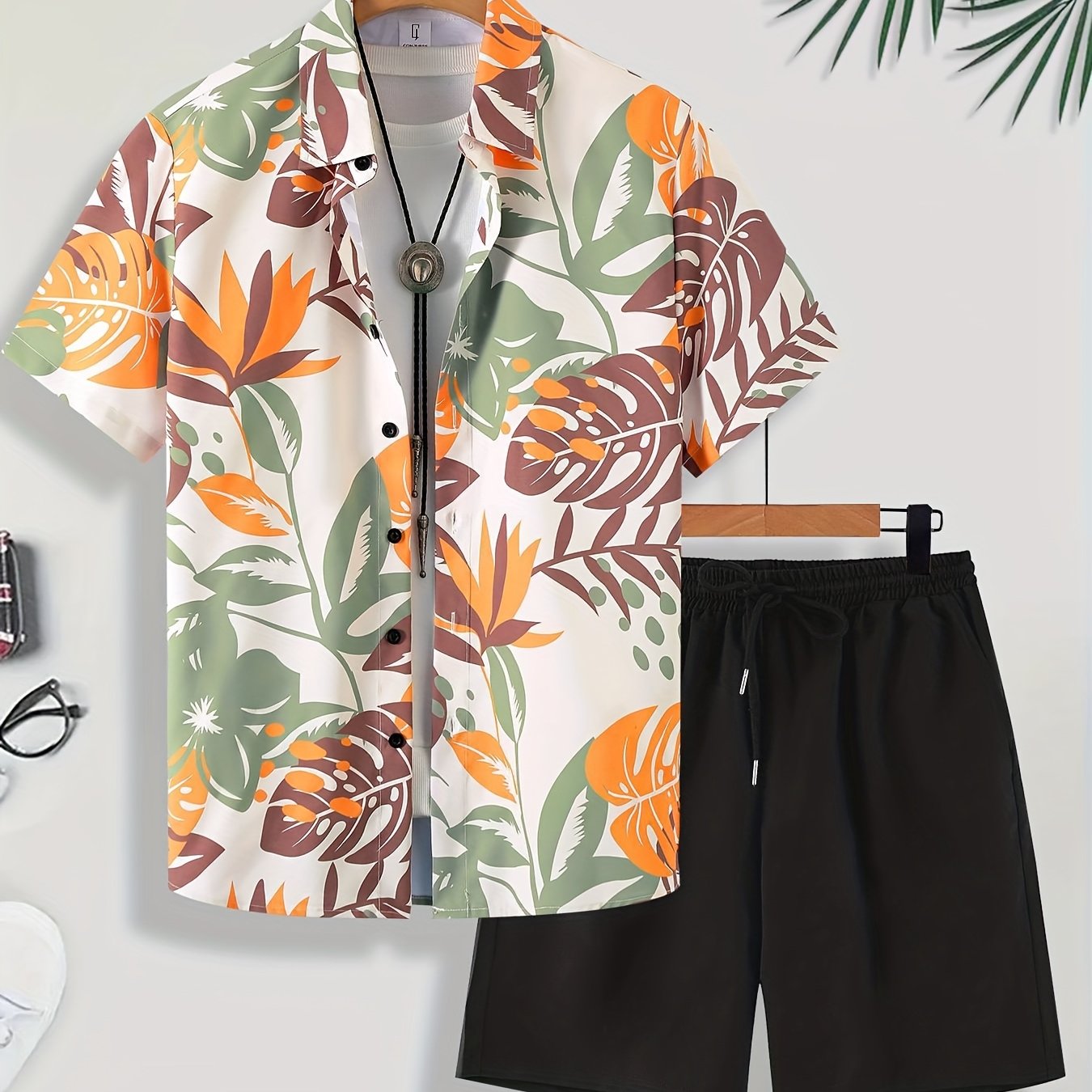 Men'S Tropical Palm Leaf Print Short Sleeve Shirt & Solid Black Shorts Set - Casual Summer Outfit with Drawstring Waist, Non-Stretch Fabric, Perfect for Beach or Vacation, Beach Attire | Tropical Print Shirt | Nonstretch Fabr