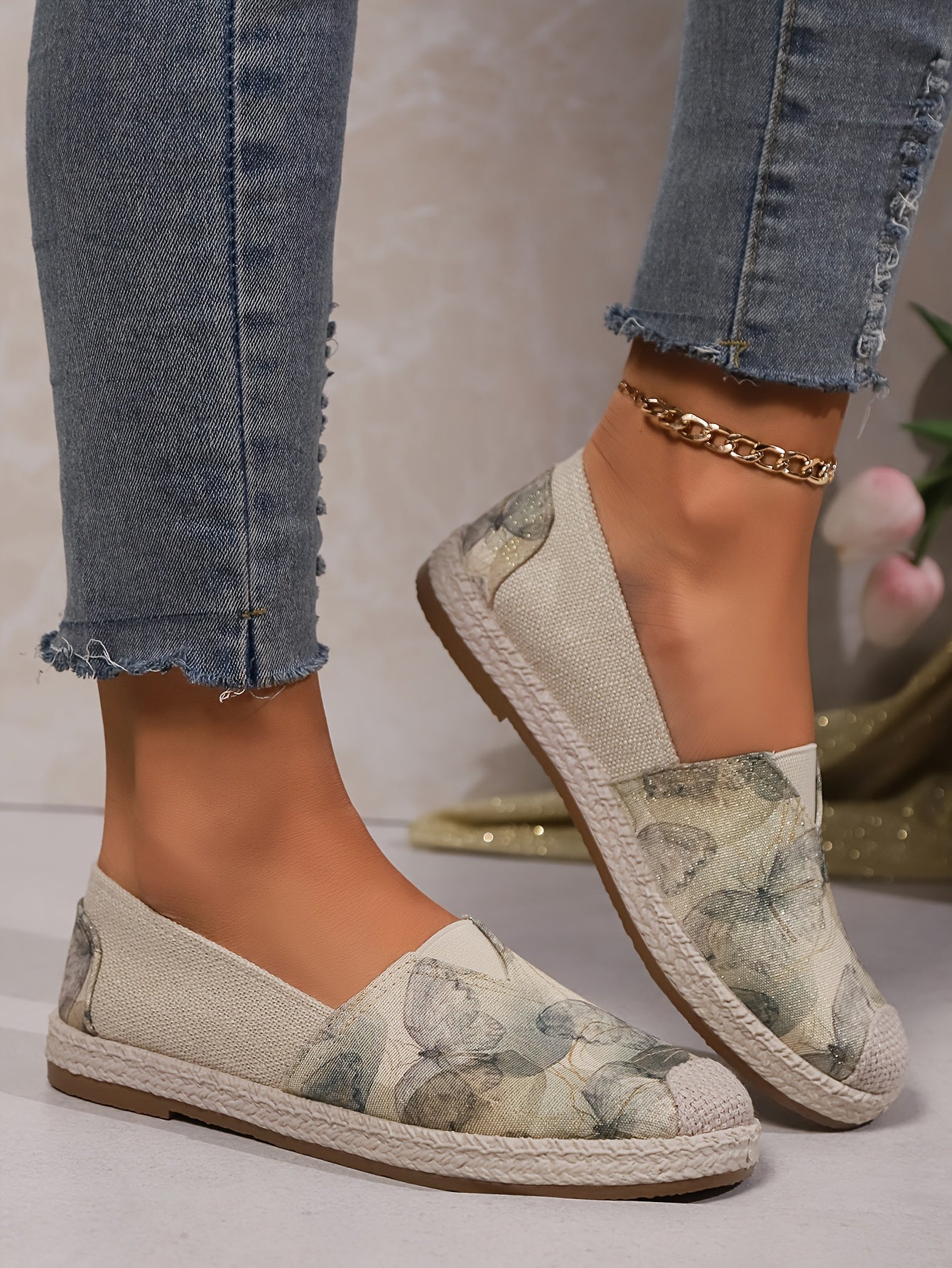Women's Breathable Slip-On Loafers - Soft Sole Casual Walking Shoes, Lightweight & Comfortable, Beige Floral Pattern Fabric Upper, PU Cover Sole, Perfect for Casual Attire, Allseason Loafers | Slipon Comfort | Soft Sole Shoes