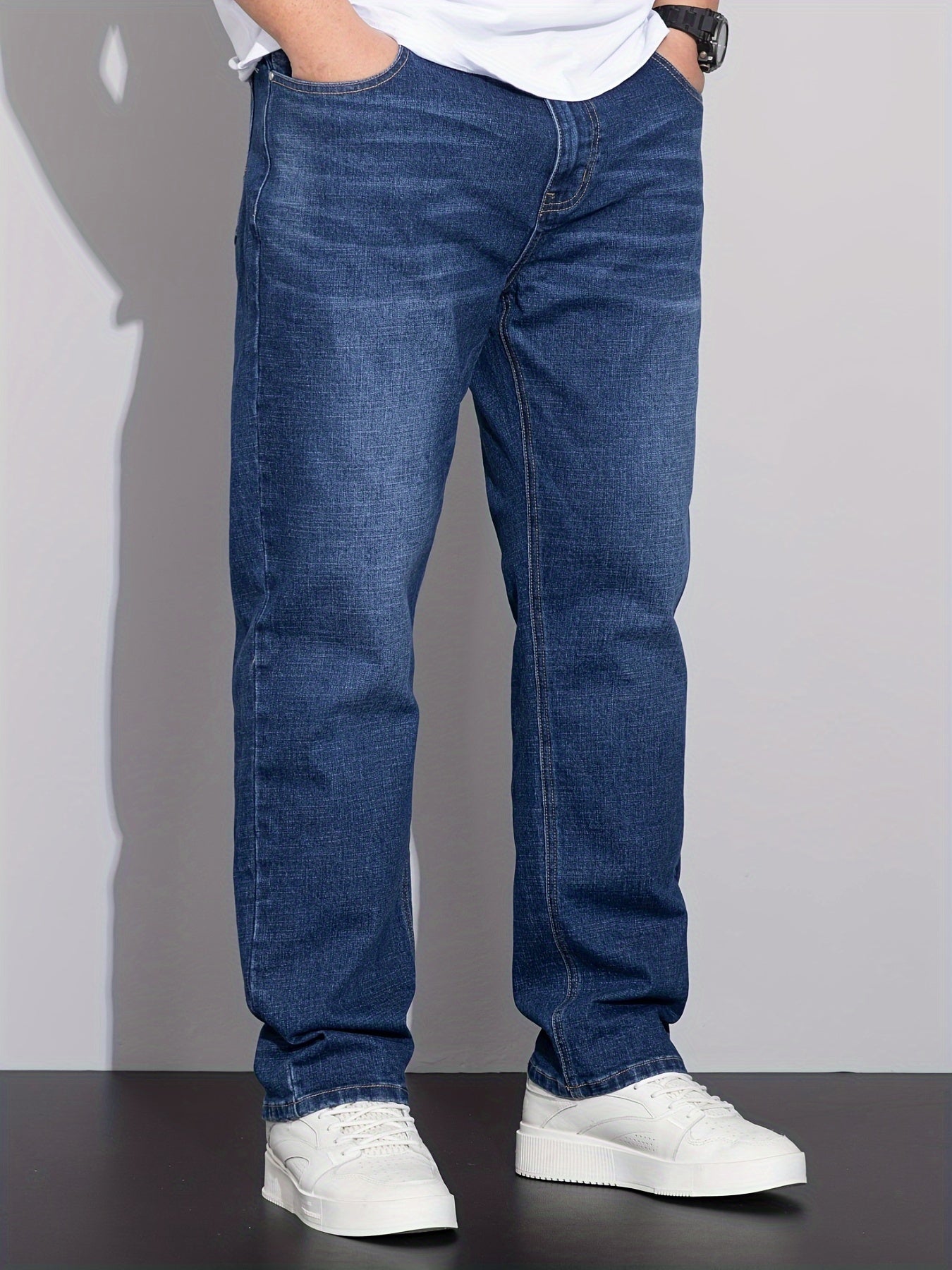 Men's Plus Size Loose Fit Stretchy Cotton Denim Pants, Lightweight Business Casual Jeans For All Seasons