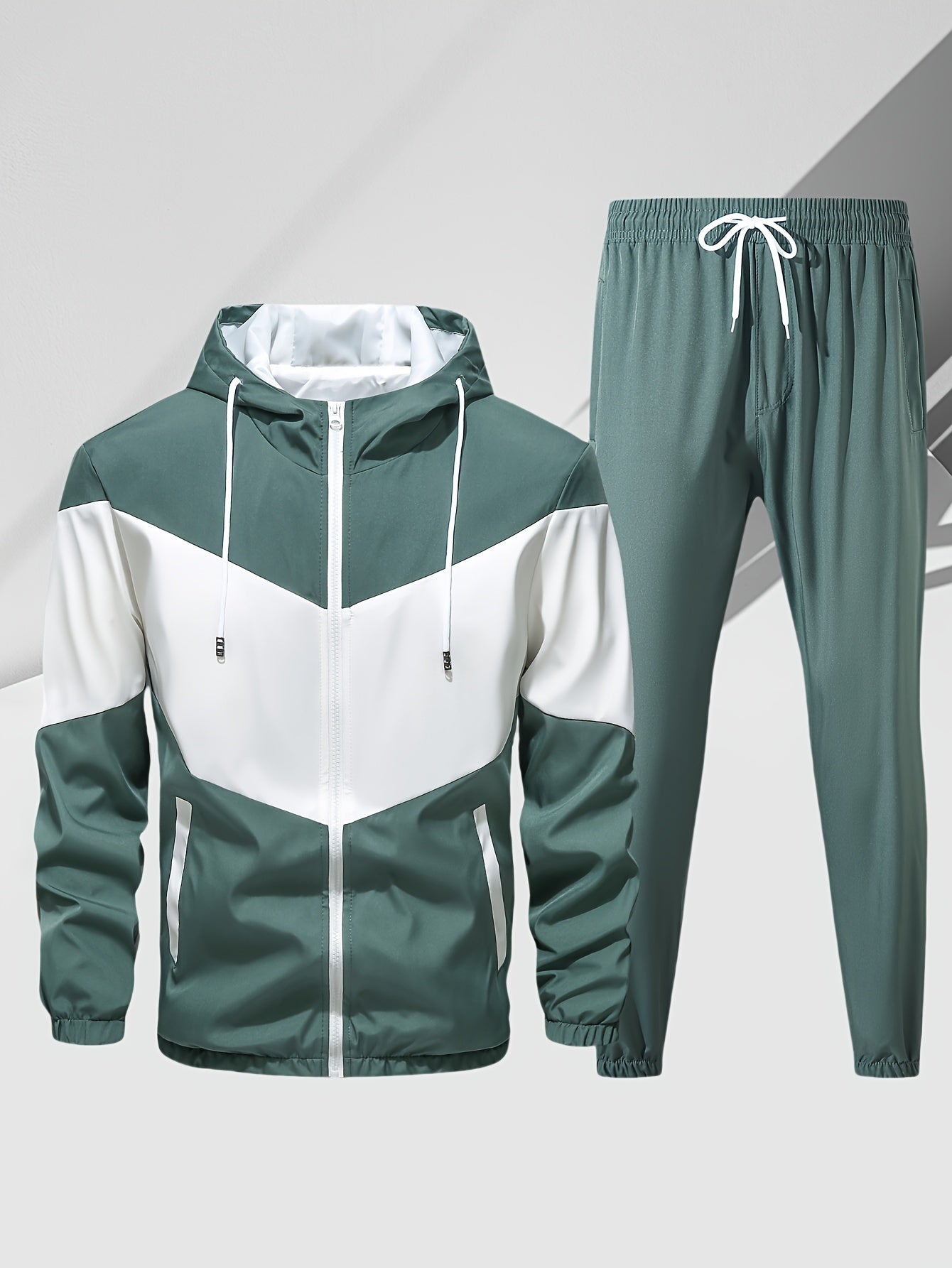 Men's Casual 2-Piece Outfit, Stylish Color Block Zip Up Hooded Jacket, Breathable Solid Color Drawstring Pants
