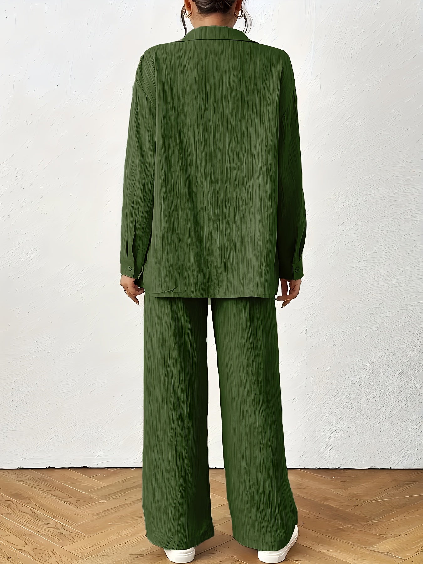 Women'S Casual Solid Color Long Sleeve Shirt + Long Pants 2pcs Set for Spring And Autumn.