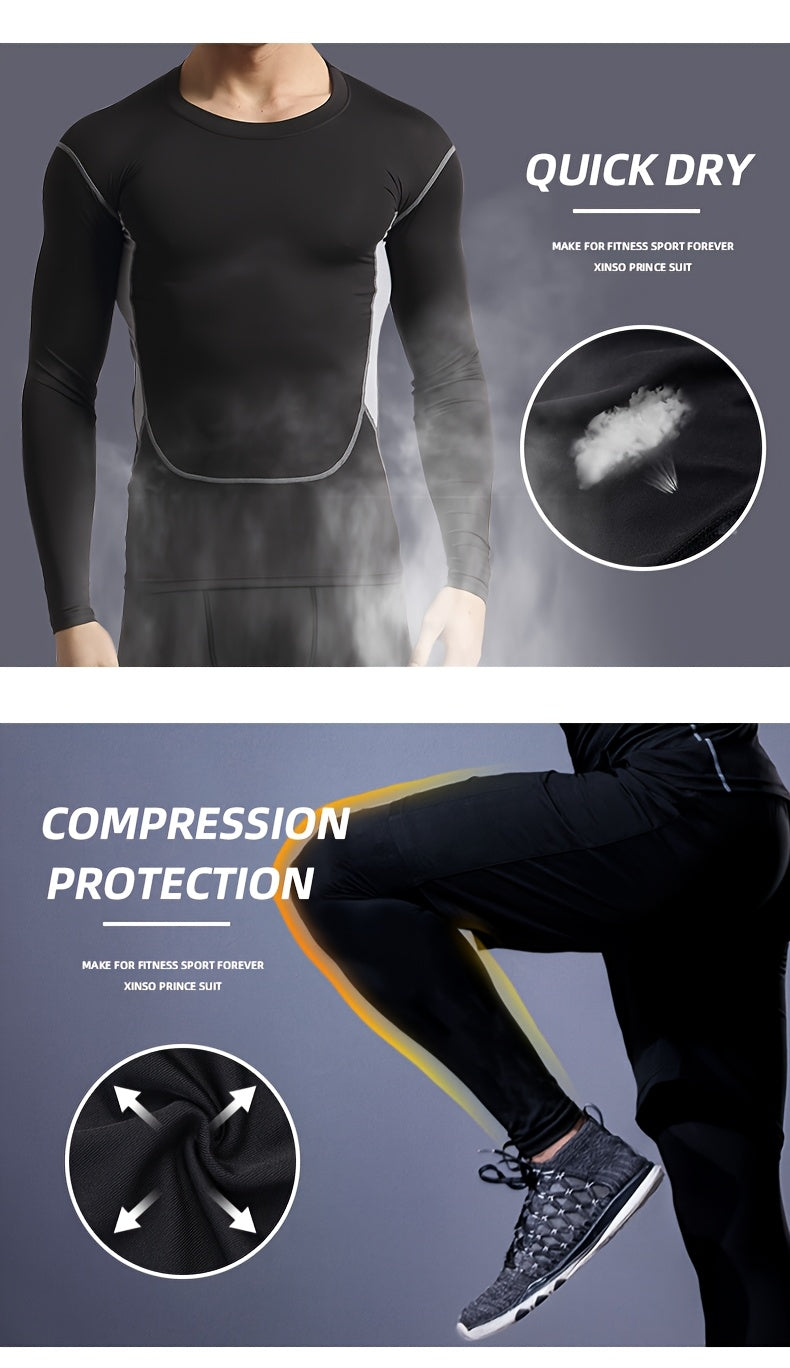Men'S 3pcs Athletic Set, Breathable Mesh Long Sleeve Top, Skinny Fit Polyester & Spandex, Crew Neck, Solid Color, High Stretch, for Running, Basketball, Hiking, Training - Fall/Winter Sports Outfit