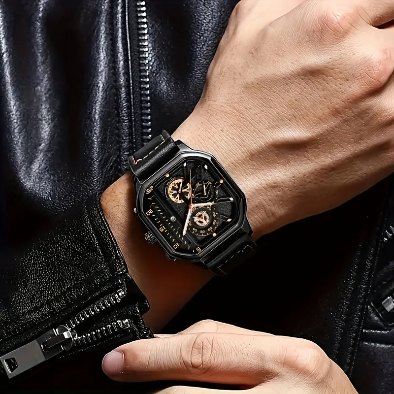 1pc Men'S Vintage Sports Chronograph Watch - Large Square Dial, Faux Leather Strap, Quartz Movement, Calendar Feature, Non-Waterproof Alloy Case, Battery Powered Electronic Drive, Ideal Gift for Him