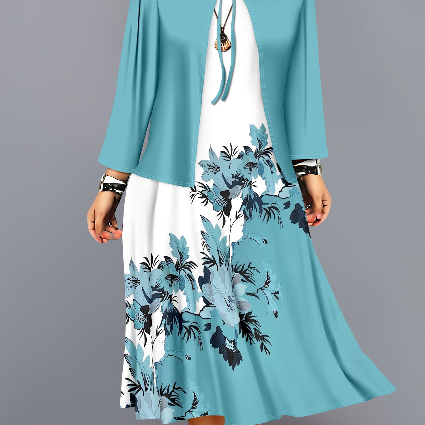 Fashion Women's solid color small cardigan and floral print patchwork dress two-piece set