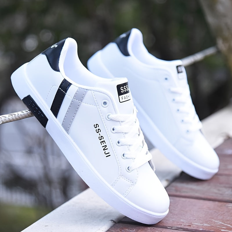 Men'S Fashion Sneakers, White PU Low Top Lace-up Casual Walking Shoes, Solid Striped Design, Breathable Non-Slip, All-Season, Round Toe, Fabric Inner, PVC Sole, Cloth Insole - Preppy Vintage Style
