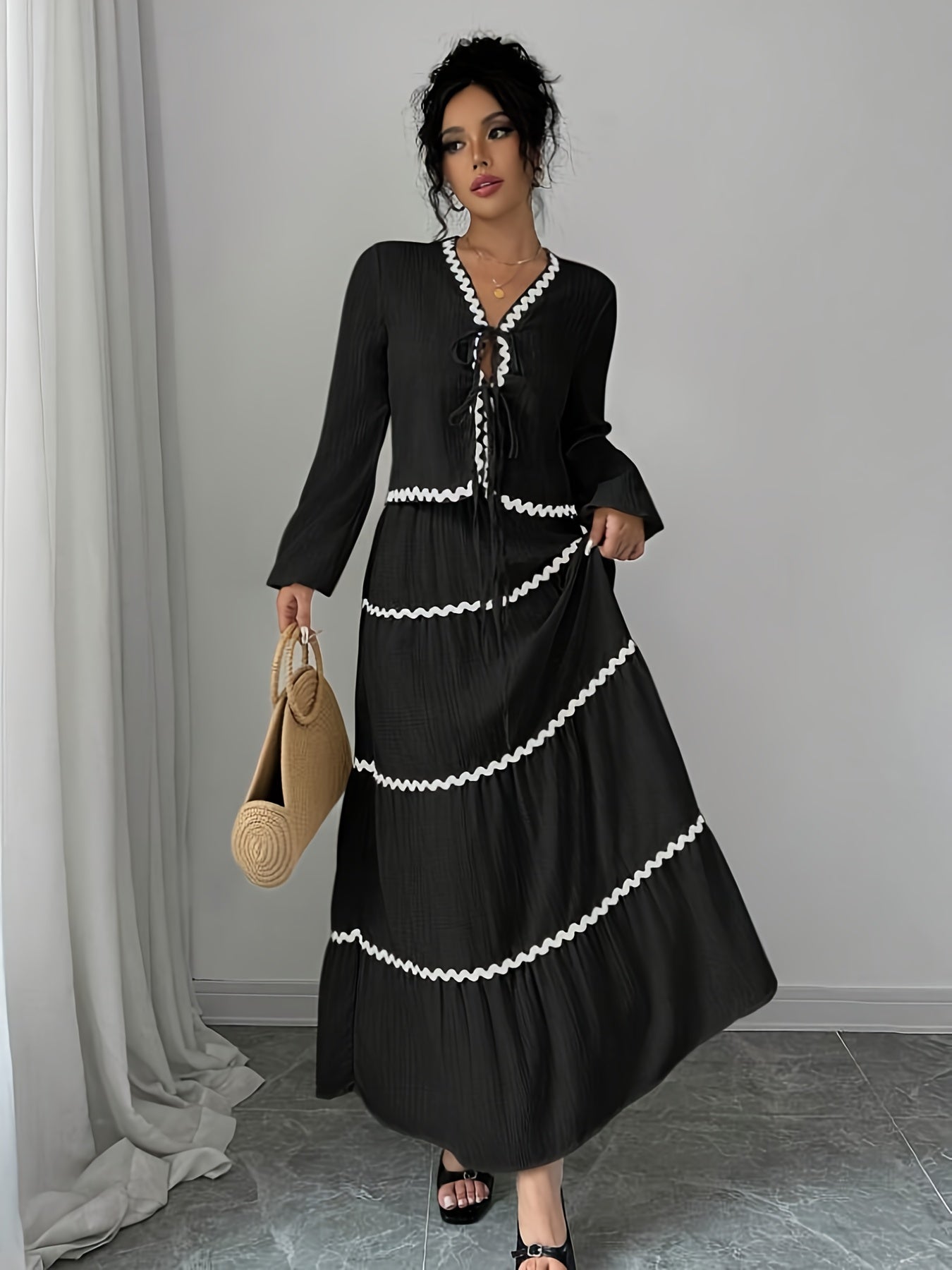 Women'S New Arrival Black and White Ruffled Lace Trim Long Sleeve Shirt with Tie Waist Umbrella Skirt Set, Stylish Elegant Vacation Commute Daily Wear Date Party Two-Piece Outfit Suitable for All Seasons