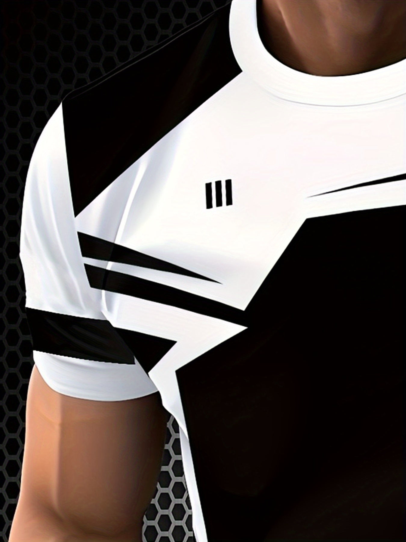 Men's Geometric Patchwork T-Shirt - Black & White Contrast Design, Breathable 100% Polyester, Regular Fit Casual Summer Tee, Machine Washable