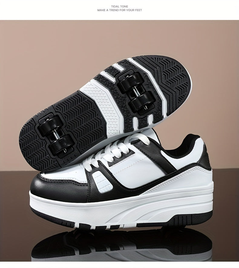 Boys' Fashion Roller Skate Footwear - Non-Slip Dual Wheel, Lace-Up with Durable Buckle Straps, Black & White, Suitable for All Seasons