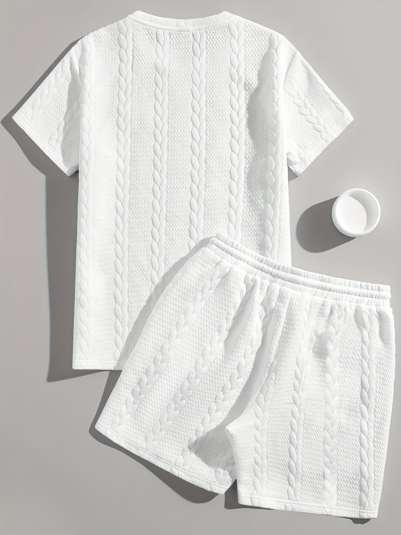 Men'S Casual Short Sleeve T-Shirt and Shorts Set - Knit, Light Gray, Two-Piece, All-Season Comfort, Drawstring Waist, Casual Style, Allseason Comfortwear | Casual Style Set | Knit Texture, Thick