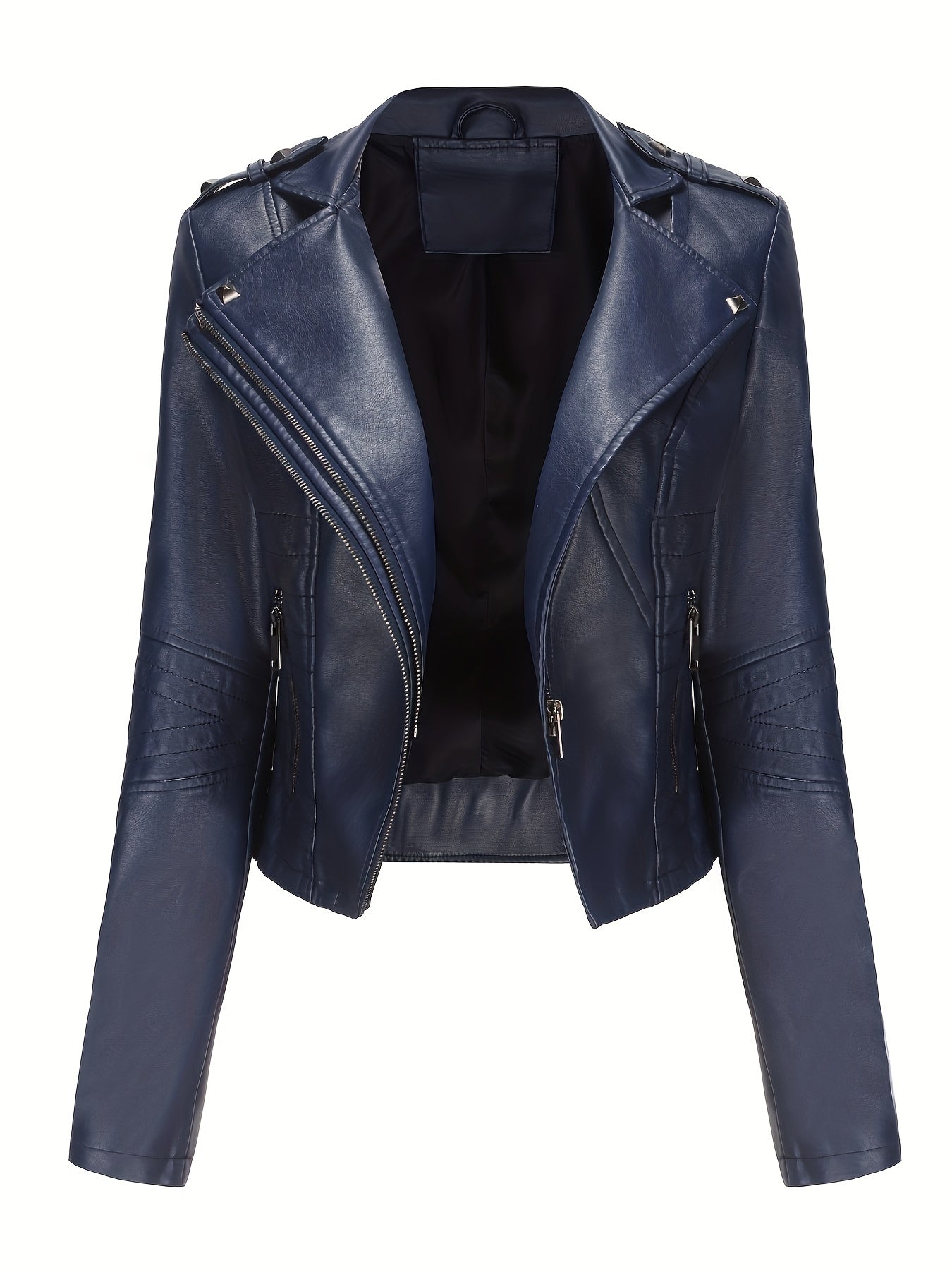 Women'S Casual Faux Leather Jacket, Solid Color, Long Sleeve, Regular Length, Fall/Winter, Zipper Placket, Woven, Non-Stretch Fabric, 100% Polyurethane, Lapel Collar, Dipped Hem Detail
