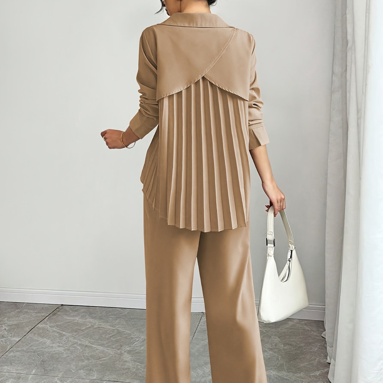 Women's Solid Color Pleated Long Sleeve Shirt + Pants Set for Spring and Autumn