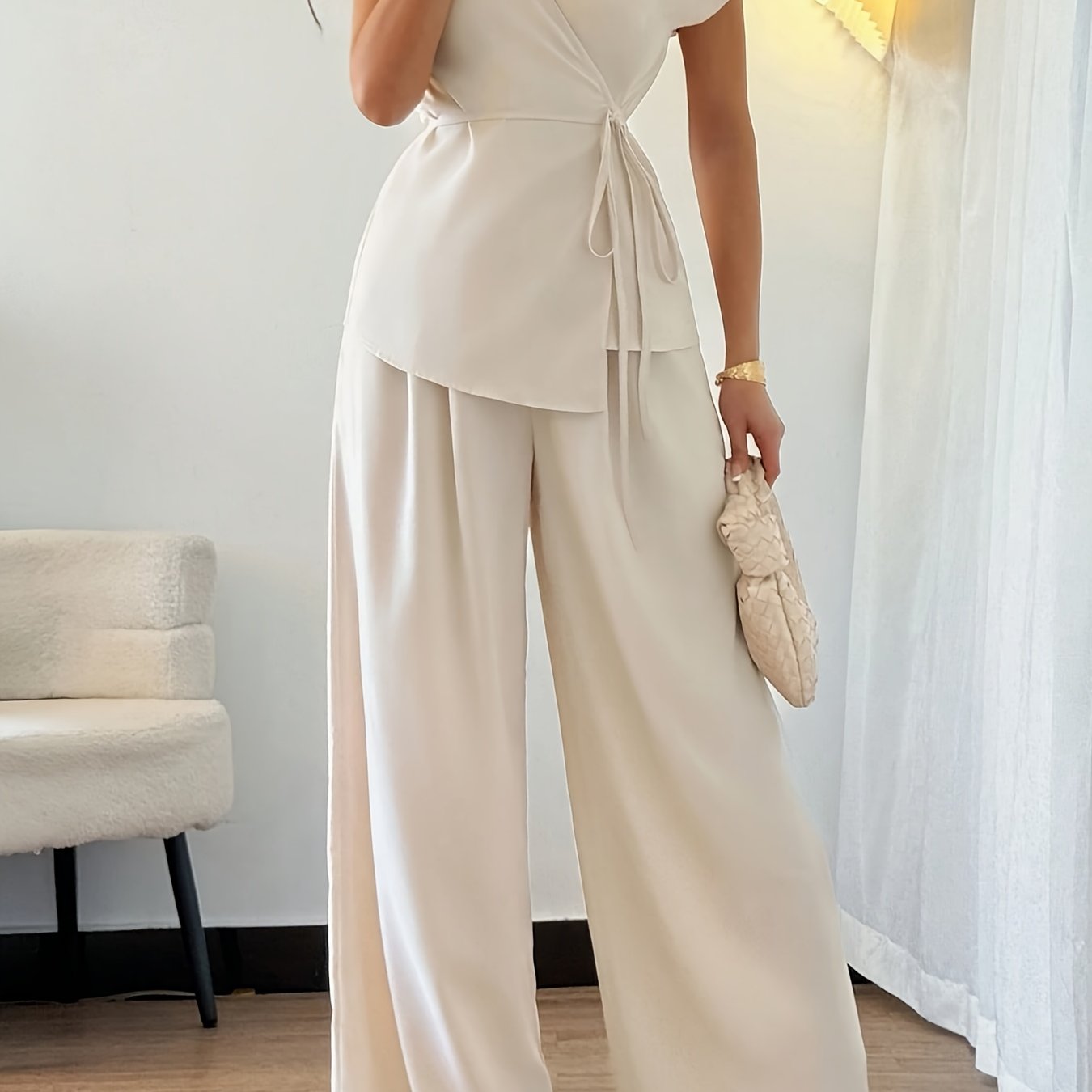 Stylish Women's Elegant Comfortable Solid Color Top and Loose Wide-Leg Pants Two-Piece Set, Suitable for Outings, Dates, Vacation