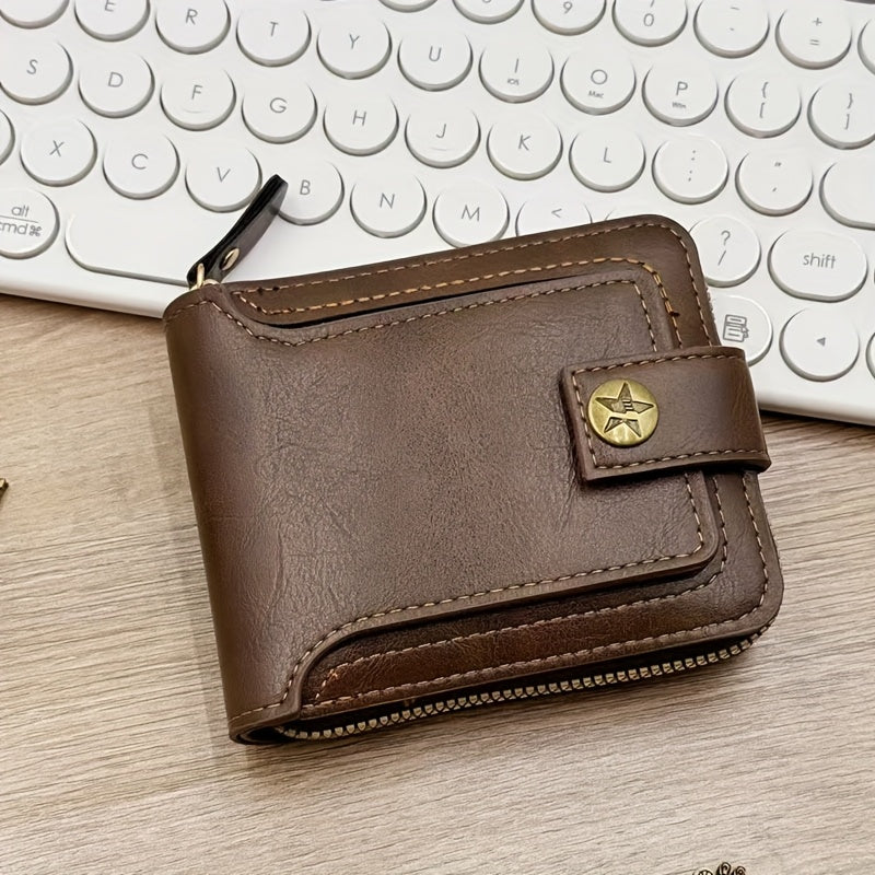 Men's Sleek Faux Leather Wallet with Tree Pattern - Compact Zippered Credit Card Holder & Coin Purse, Light Brown