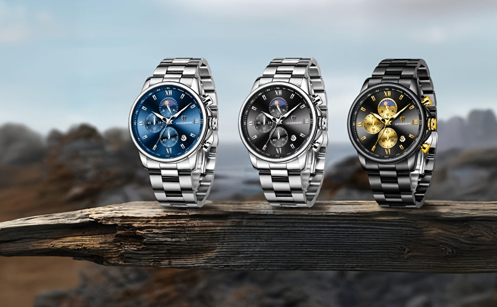 LIGE Black Blue Quartz Watch with Calendar, Exquisite & Simple Dial Stainless Steel Strap Multiple Colors High-quality Wrist Watch