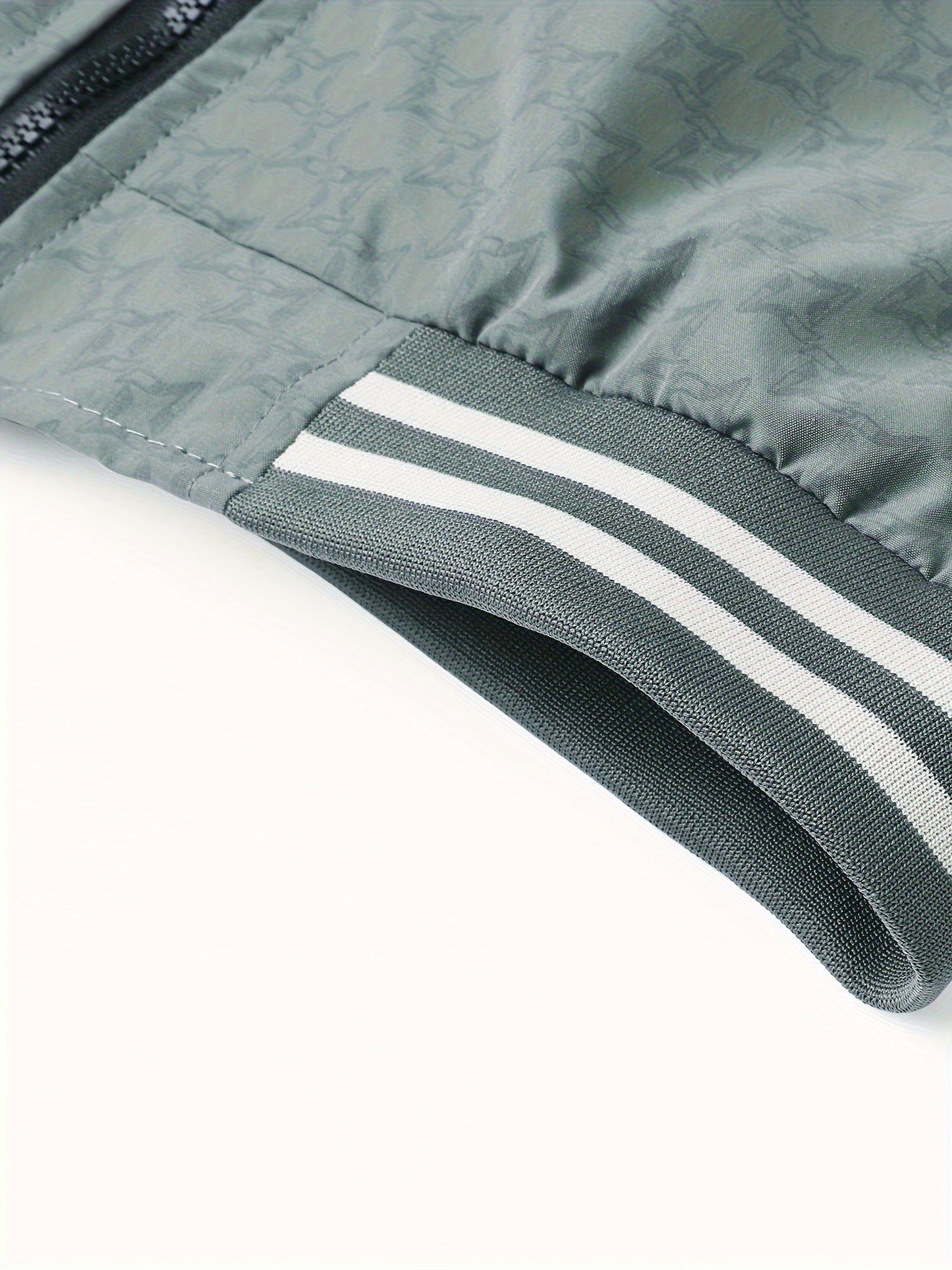 Men'S Lightweight Geometric Pattern Bomber Jacket - Casual Long Sleeve Zip-Up with Pockets, White & Gray, Polyester Lining, Perfect for Fall, Autumn Jacket