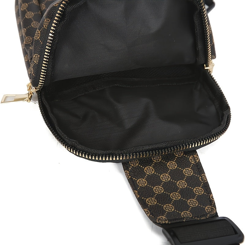 Men'S Classic Black PU Crossbody Bag with Geometric Pattern, Key Holder, Zipper Closure, Polyester Lining, Urban Style, Commuter Bag|Geometric Pattern Bag|Zippered Closure Bag