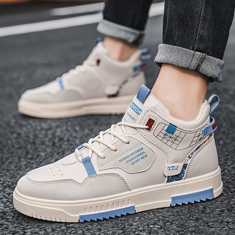 Men's Skate Shoes with Good Grip & Breathable Design - PU Upper, Cushioned PVC Sole, Black/Blue Letter Pattern Lace-Up Sneakers for All-Season Casual & Sports Wear, Allseason Shoes | Modern Casual Shoes | Comfortable Wear