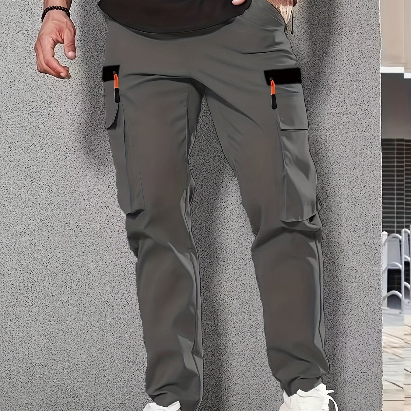 1pc Men'S Fashion Casual Cargo Pants, Solid Color Polyester Non-Stretch Fabric, All-Season Regular Fit with Multiple Pockets, Woven Straight-Leg Trousers for Sports and Leisure