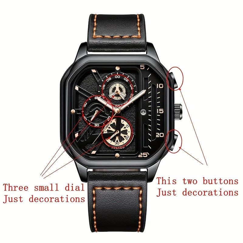 1pc Men'S Vintage Sports Chronograph Watch - Large Square Dial, Faux Leather Strap, Quartz Movement, Calendar Feature, Non-Waterproof Alloy Case, Battery Powered Electronic Drive, Ideal Gift for Him