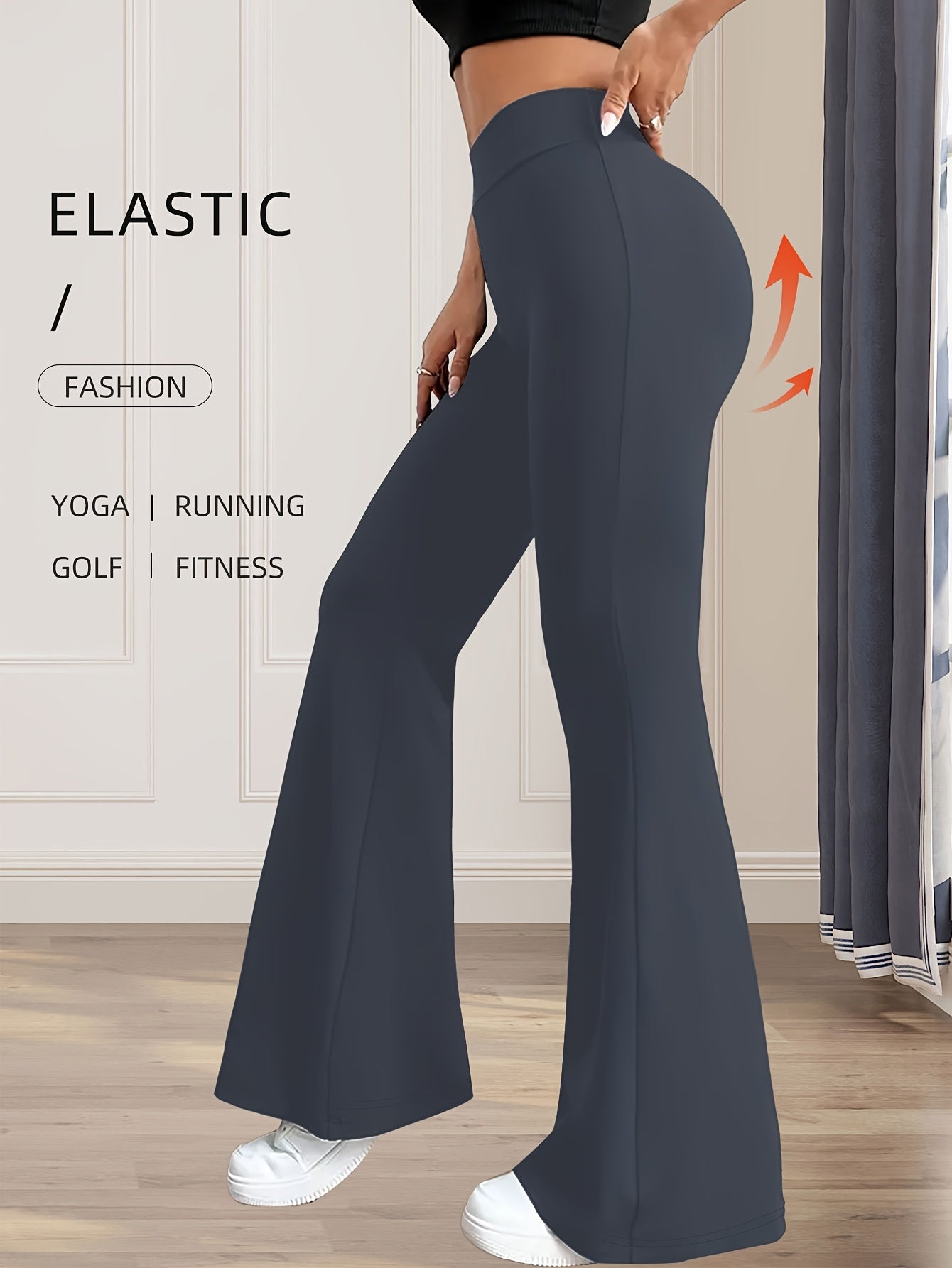High-Waisted Flared Leggings for Women - Stretchy Black Polyester Pants with Tummy Control, Slimming Fit, and Breathable Design for Spring/Summer/Fall Casual Wear, Spring Summer Leggings | Fitted Leggings | Elastic Waistband
