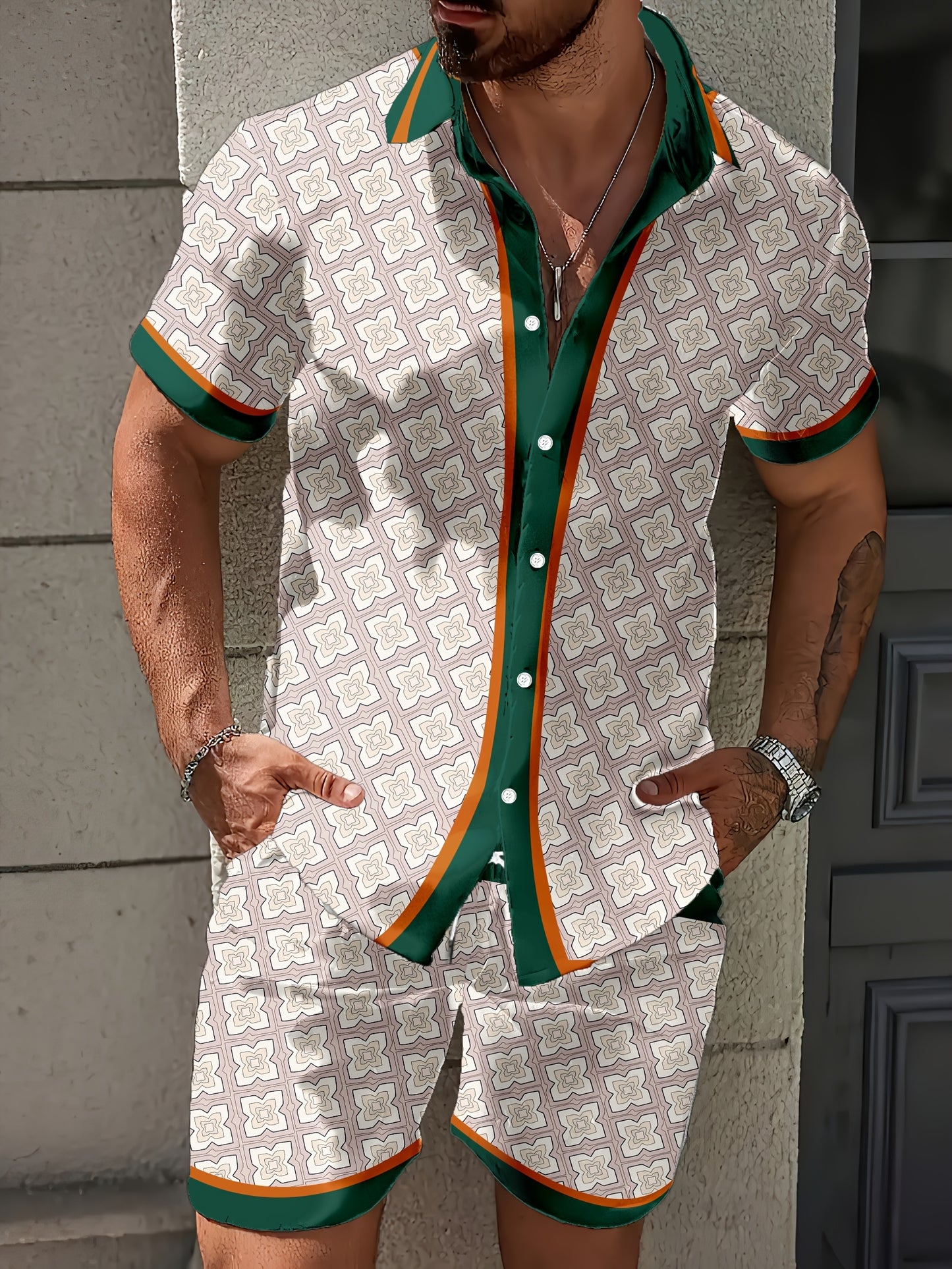 3D Digital Print Men's Fashion Casual Hawaiian Style Striped Shirt Two-Piece Set