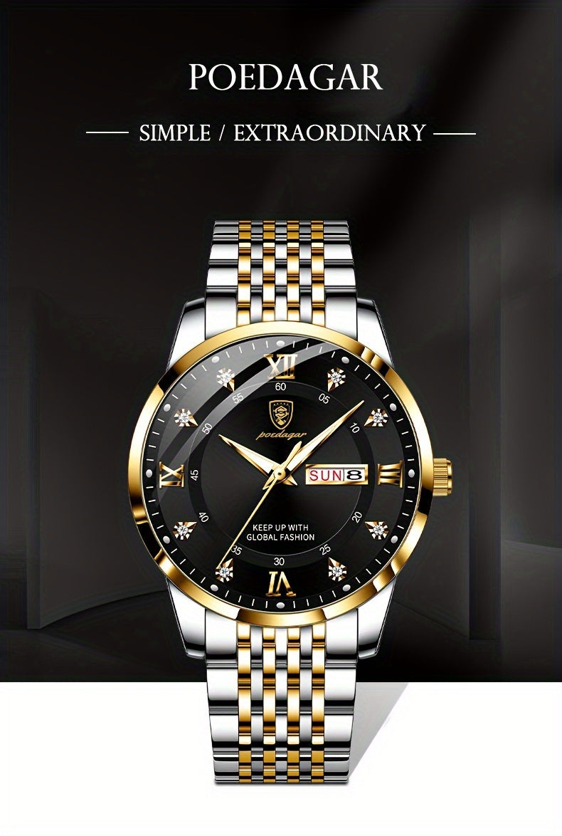 POEDAGAR Classic Men'S Stainless Steel Quartz Watch, IPX8 Luminous Weekly Calendar Watch for Men, Perfect Gift Option, Suitable for Women