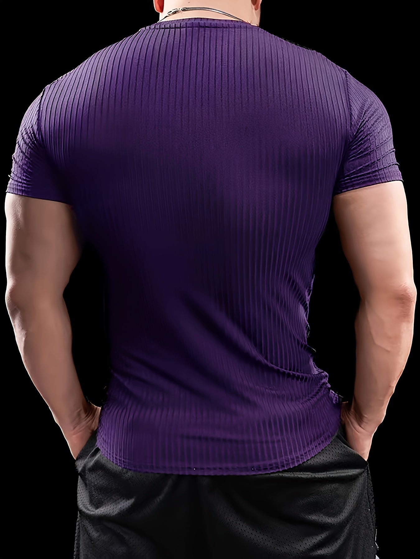 Men's Slim Fit Ribbed Short Sleeve T-Shirt - Stretchy Athletic & Casual Wear, Green, Round Neck, Machine Washable, Muscle-Enhancing Design, Gym Shirts