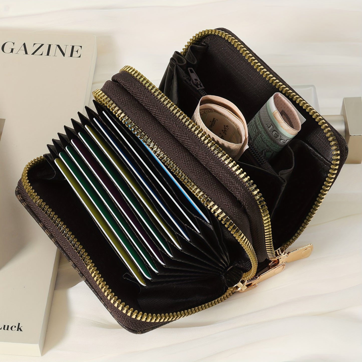 New Retro Printed Women's Minimalist Short Wallet With Double Zippers Around, Fashionable Coin Wallet, Credit Card Storage Bag, Simple And Casual Multi Card Holder