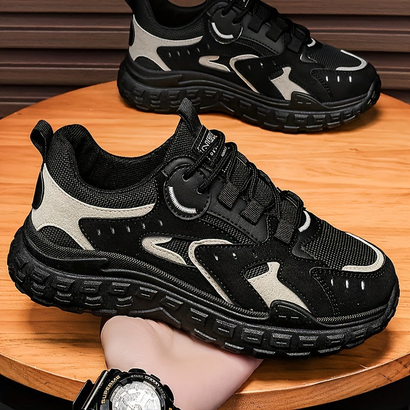 Men's Trendy Chunky Sneakers - Breathable Mesh & PU Upper, Durable PVC Sole, Lace-Up Casual Sneakers in Gray, Black & Orange, All-Season Comfort for Casual Attire