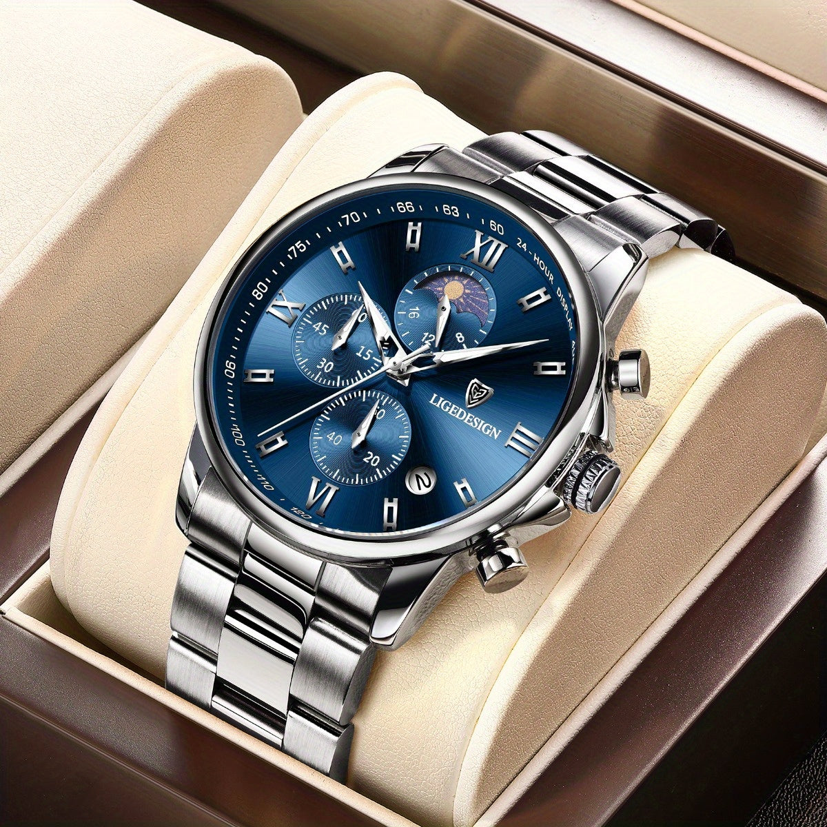 LIGE Black Blue Quartz Watch with Calendar, Exquisite & Simple Dial Stainless Steel Strap Multiple Colors High-quality Wrist Watch