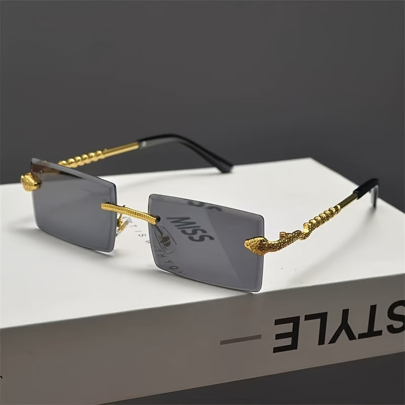 1 Pair Men's Frameless Rectangular Fashion Glasses with Golden Snake-Light Beige Metal Temples - Wide Fit (>139mm), Decorative Lens, Casual Fashion Accessories for Halloween/Christmas/Mother’s Day, Trendy Eyewear, Snake Pat