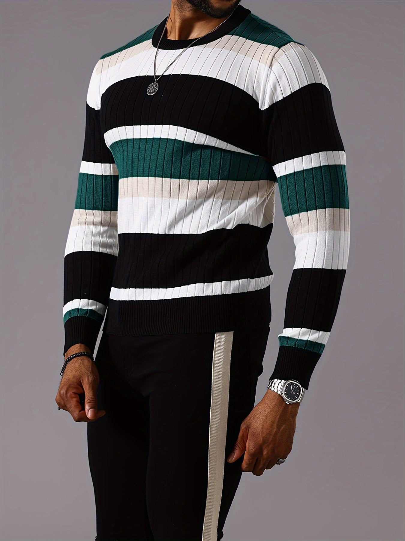 Men's Striped Color-Block Ribbed Knit Sweater - Long Sleeve Round Neck Pullover with Elastic Comfort Fit, Machine Washable Casual Fall Winter Top in Black/White/Green/Beige, Knit Sweater, Medium Elasticity