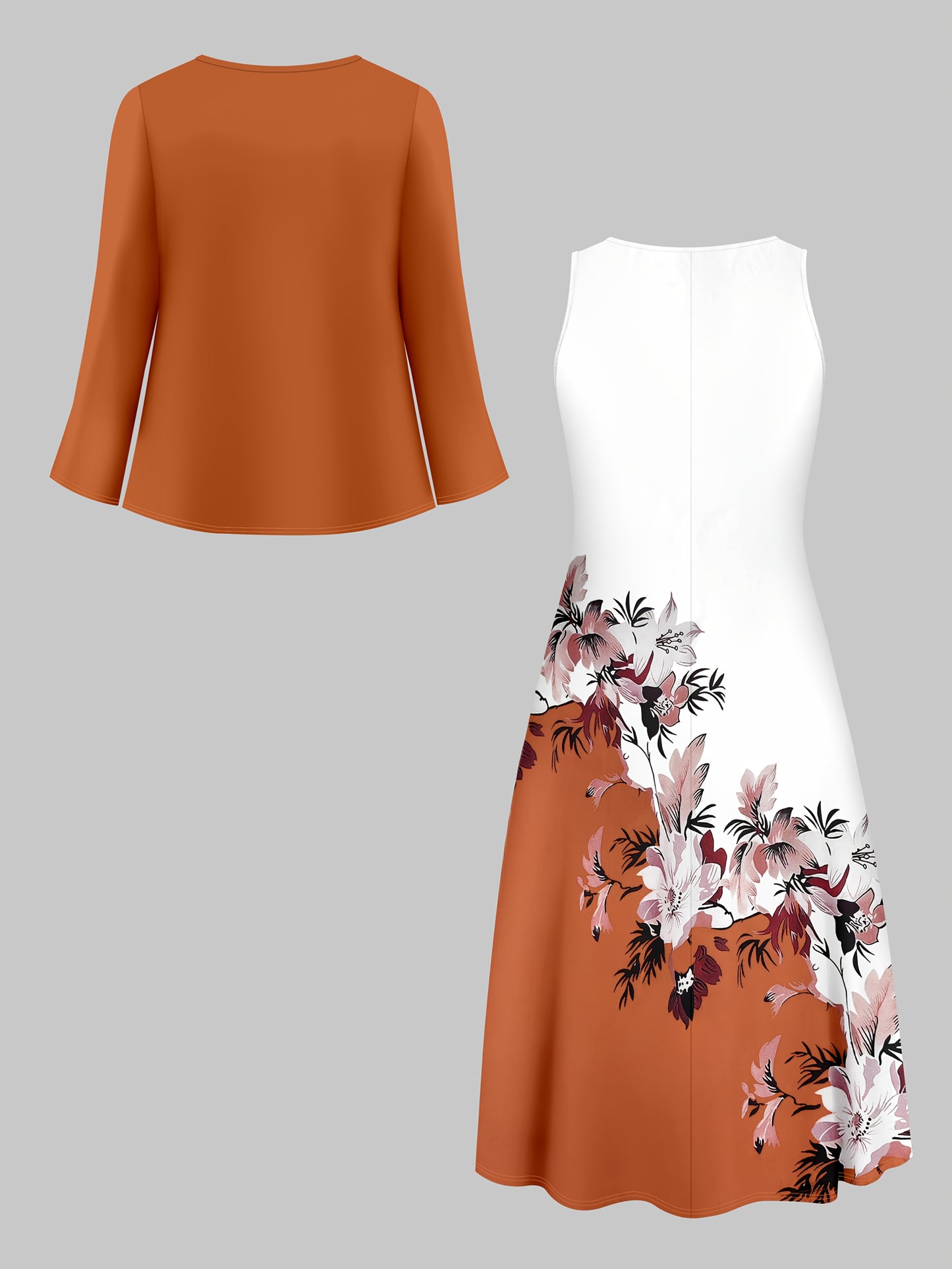 Fashion Women's solid color small cardigan and floral print patchwork dress two-piece set
