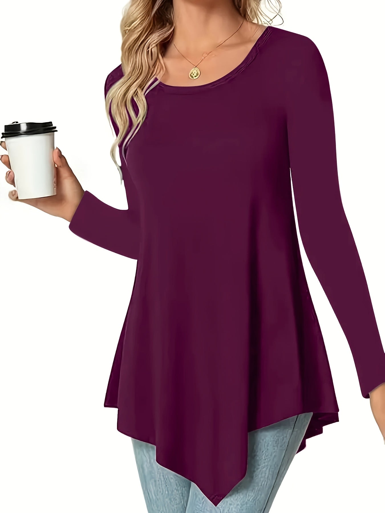 Women's Casual Long Sleeve Tunic Top, Polyester 95% Spandex 5% Knit Fabric, Solid Color Crew Neck Blouse for Spring/Summer/Fall, Spring Summer Blouse|Tunic Style|Solid Color Top