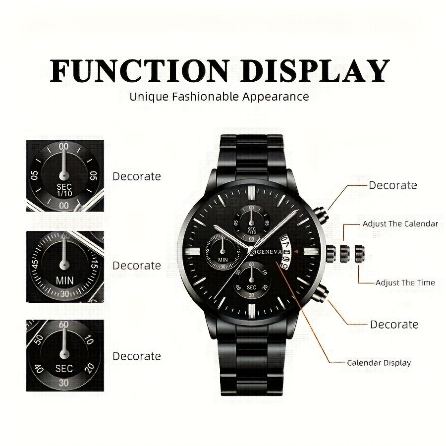 Men'S Business Round Quartz Watch with Calendar Display, Black Stainless Steel Strap, Electronic Movement, Perfect Gift for Valentine'S Day, Easter, Halloween, Ramadan, Birthdays, Christmas