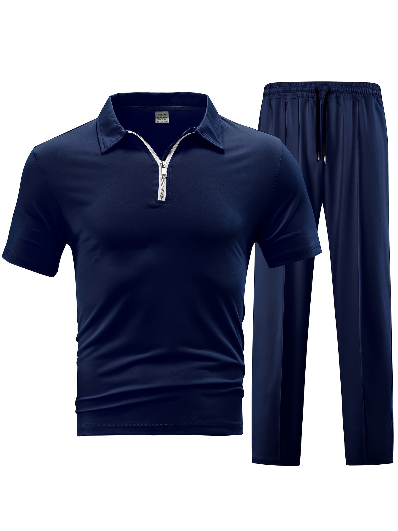 Men'S Casual 2pcs Set Knitted: Zipper Short Sleeve Shirt and Drawstring Pants - Black, Polyester, Suitable for Spring/Summer Casual Wea