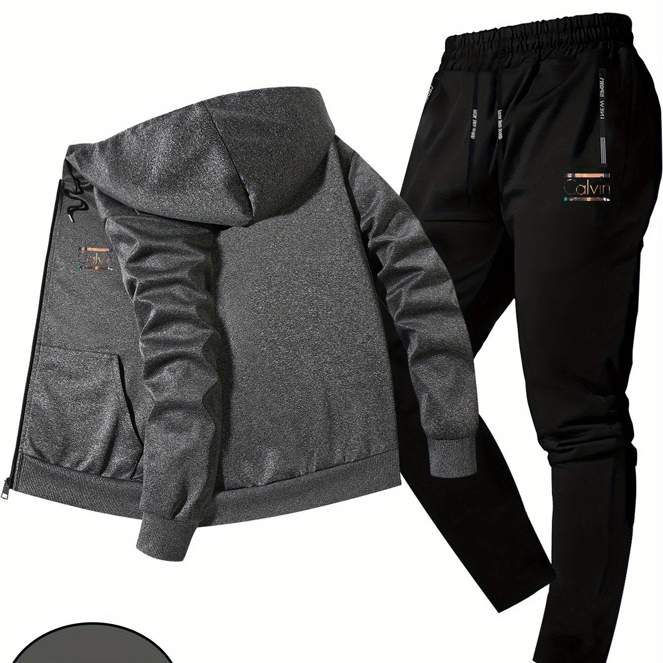 Men'S Trendy Fall/Winter Hooded Jacket Two-Piece Set Calvin Print, Casual Youth Casual Sports Jacket Set